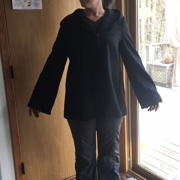 Nicole Miller Black Wool Blend Coat w/ Hood Large - Picture 1 of 11